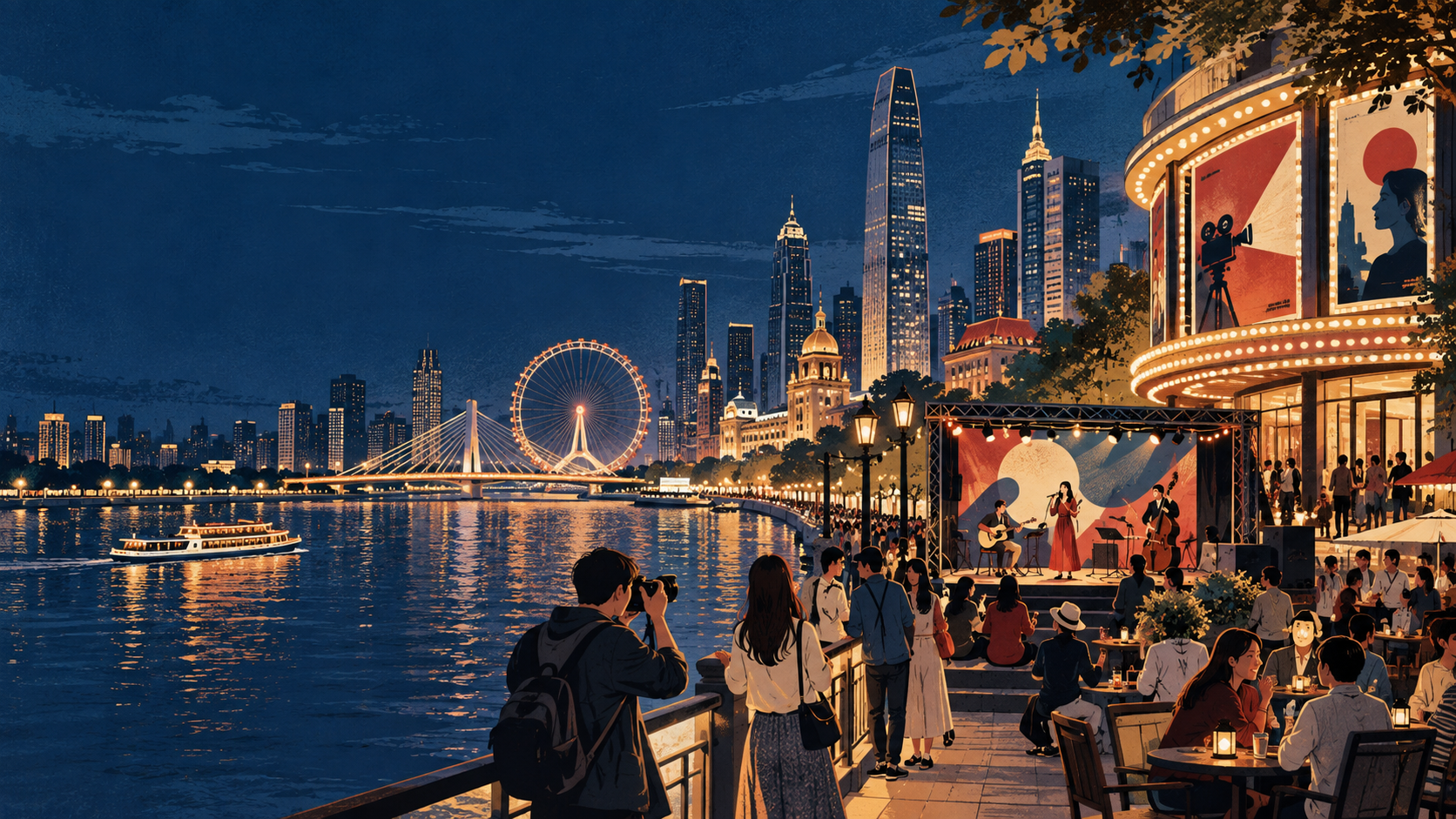 海河夜景、城市舞台和娱乐吃瓜话题观察员的原创插画